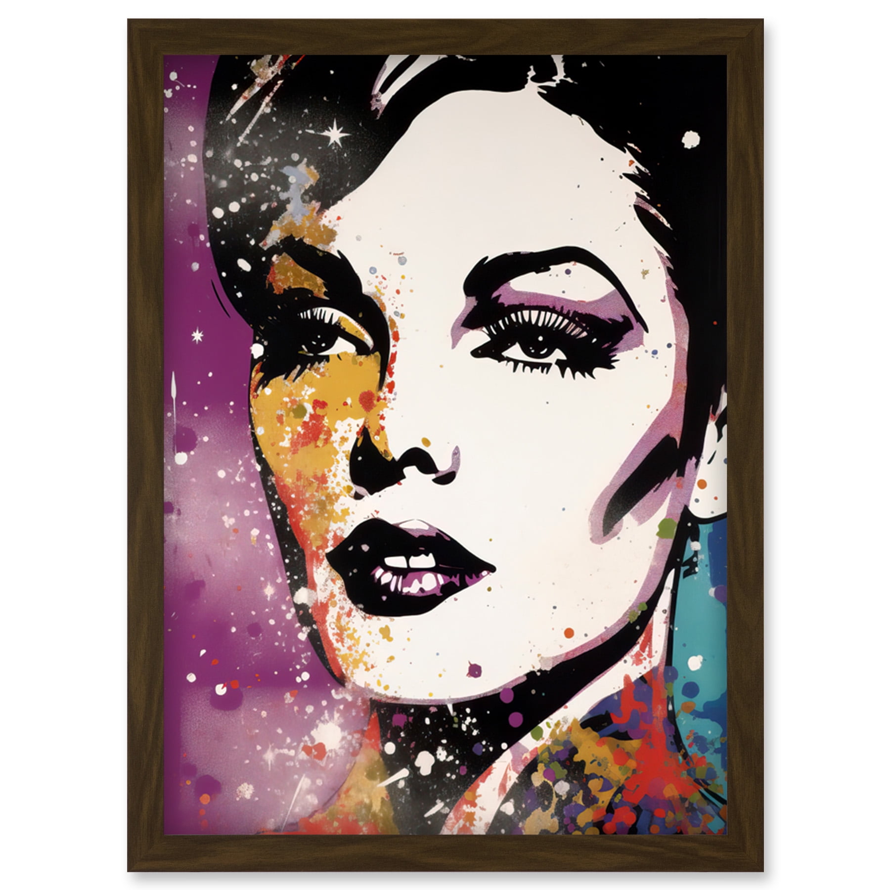 Female Glam Rock Glitter Sparkle Purple Gold Blue Red Linocut Portrait