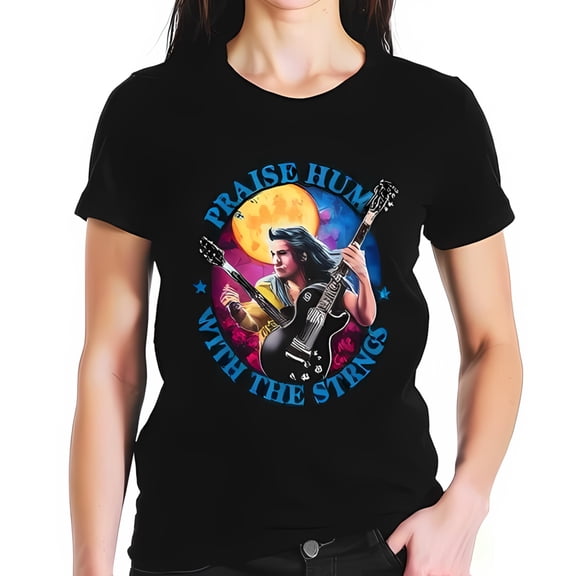 Female Guitarist Black Cotton Short Sleeve T-Shirt - " Praise Hum with the Strings " Design