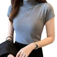 thumbnail image 1 of Female Half Turtleneck T-shirt Solid Knitted Shirts Nice Tees Tops Women Short Sleeves T-shirt for Daily, 1 of 20