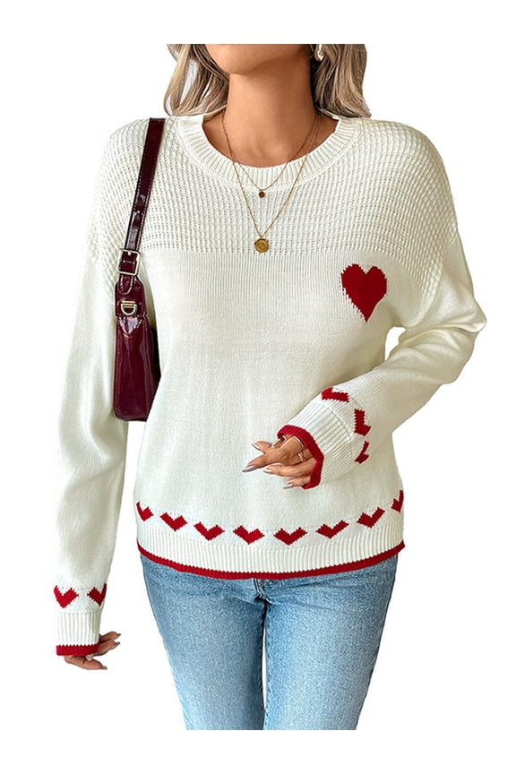 Female Heart Sweater Crew Neck Casual Long Sleeve Loose Fit Love Print Ribbed Knit Sweaters Pullover Top White L