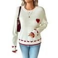 thumbnail image 1 of Female Heart Sweater Crew Neck Casual Long Sleeve Loose Fit Love Print Ribbed Knit Sweaters Pullover Top White S, 1 of 9