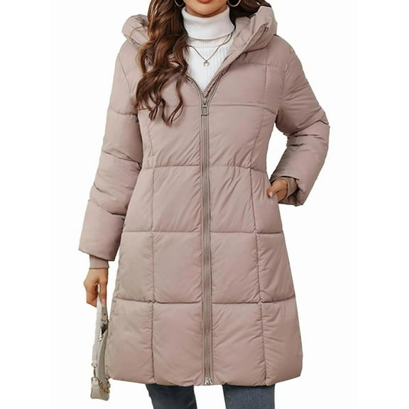 Female Hooded Long Puffer Coat Winter Warm Full Zip Quilted Jacket with Pockets Khaki L