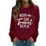Female Hoodless Sweatshirts Letter Printed Long Sleeve Clothes Regular Airplane Casual Comfortable Round Neck Pullover Top Tops Daily School Sweatshirt For Woman