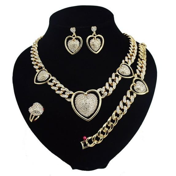 Female Hugs & Kisses Miami Cuban iced cut 18k Layered real Gold Plated Necklace Bracelet Earrings Ring set #57