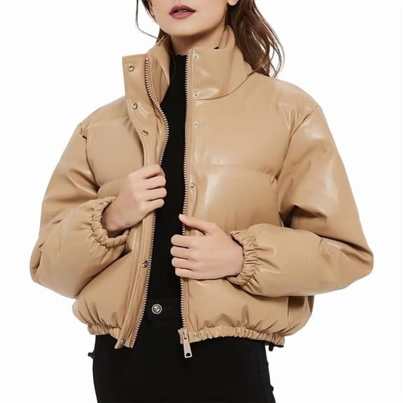 Female Jacket Cropped Zip Up Coats Pockets Khaki L