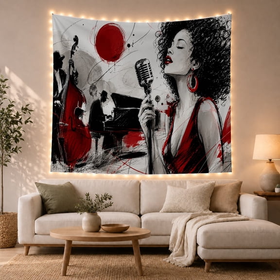 Female Jazz Singer in Black White and Red Band Scene, Dramatic Vintage for Music Lovers, Jazz Wall Art, Housewarming Gift, Tapestry Wall Hanging for Living Room and Studio
