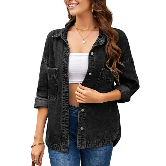 Female Jean Shirt Jacket Casual Long Sleeve Denim Shirts Fall Outfits Black & Gray M