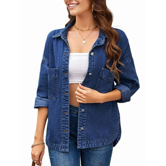 Female Jean Shirt Jacket Casual Long Sleeve Denim Shirts Fall Outfits Dark Blue M