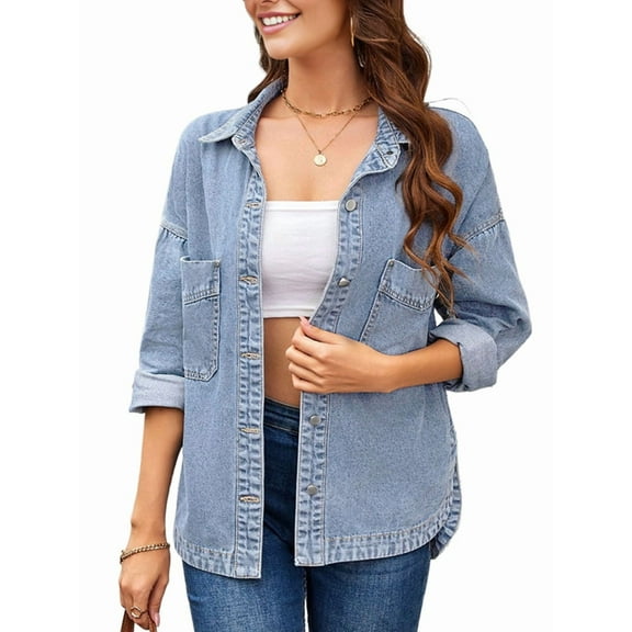 Female Jean Shirt Jacket Casual Long Sleeve Denim Shirts Fall Outfits Light Blue M