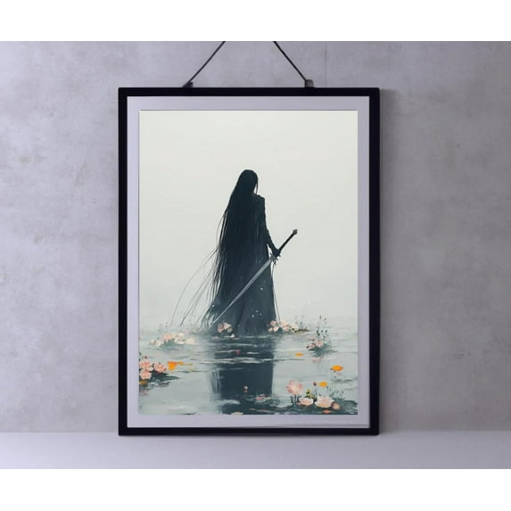 Female Knight Victorian Decor, Dark Academia Print - The Lake, Goth Moody Victorian Wall Art, Dark Decor Aesthetic, Woman With Sword Print Wall Art, Modern Wall Decor, 8x12 UNFRAMED