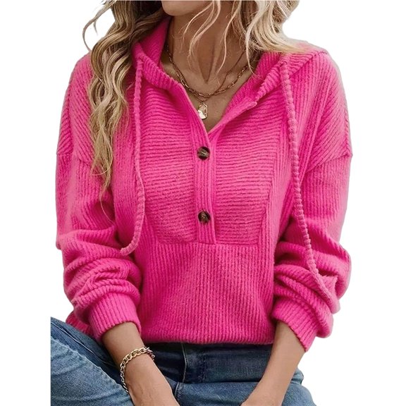 Female Knit Long Sleeve Drawstring Button V Neck Casual Pullover Sweatshirt Hooded Tops Rose Red XL