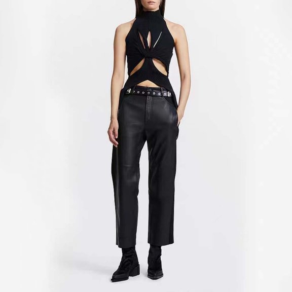 Female Lace Tank Tops for Women Green White Tank Top Woman Dressy Cropped Women's Fashion Sweater Vest Sleeveless Hollow Knotted Detail Semi High Neck Solid Color Sexy Crop Top for Casual Wear L