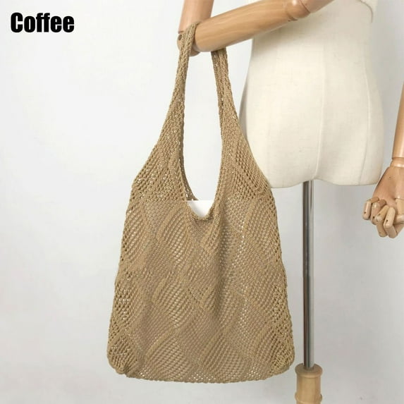 Female Large Capacity Woven Shopping Tote Shoulder Bags Knitting Handbags Crochet Bag COFFEE