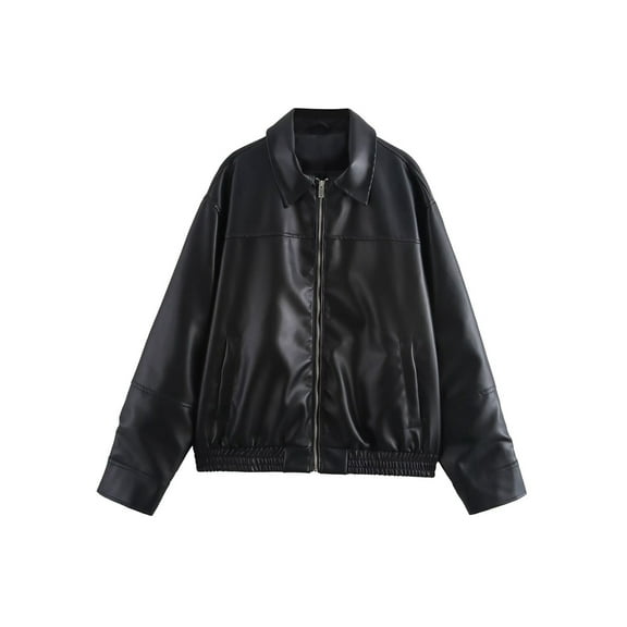 Female Leather Jackets Oversized Faux Plus Size Moto Biker Coat Fall Outfits Fashion Clothes Black XS