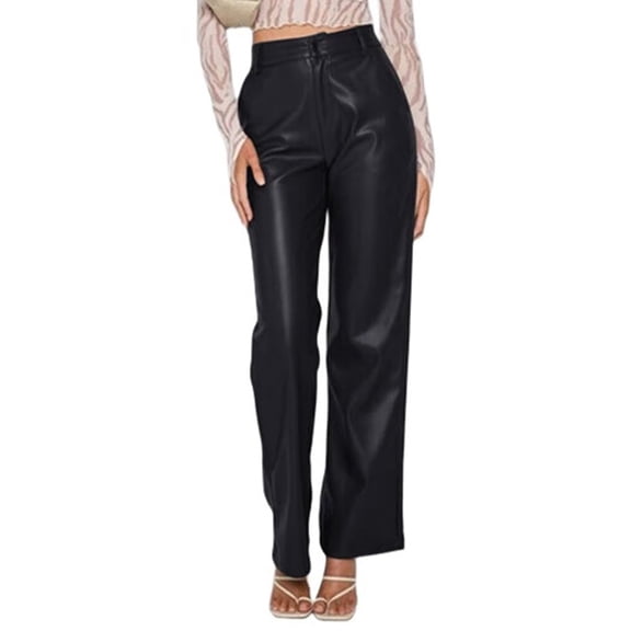 Female Leather Pants - High Waist Faux Leather Straight Leg Bell Bottom Flare Pants Black S