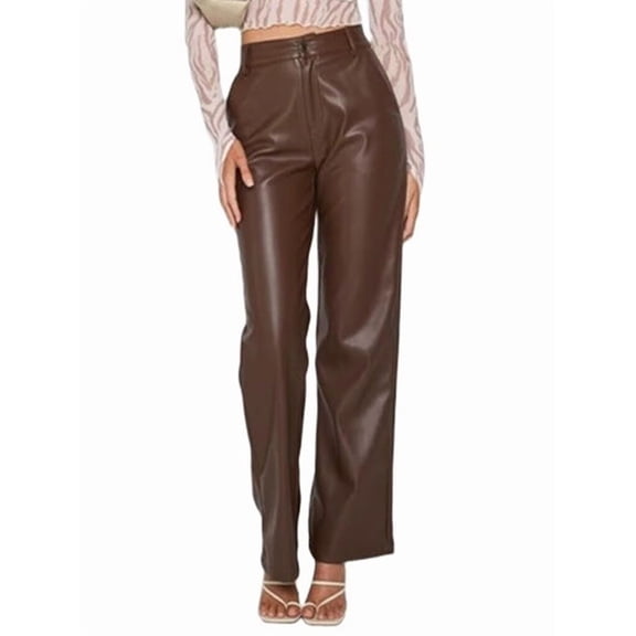 Female Leather Pants - High Waist Faux Leather Straight Leg Bell Bottom Flare Pants Brown XXL
