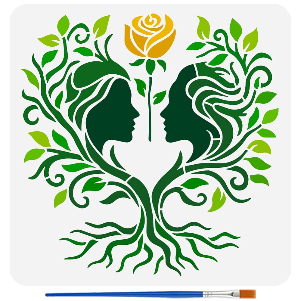 Female Life Tree Stencil with 1Pc Plastic Brush 11.8x11.8 inch/30x30cm ...
