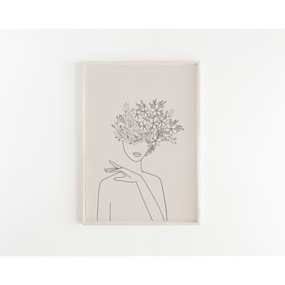 Female Line Art Boho Flower Above Bed Minimalist Plant Head Woman Art, Unframed Canvas 8x10in