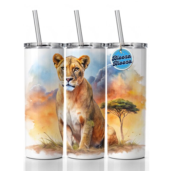 Female Lion African Plain Watercolor Design 20oz Insulated Water Bottle Skinny Tumbler Includes Straw