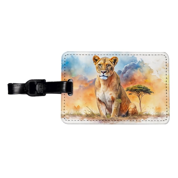 Female Lion African Plain Watercolor Design Faux Leather Travel Luggage Tag