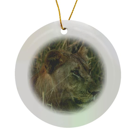 3drose, Female Lion in the Grass, Circle Porcelain Ornament