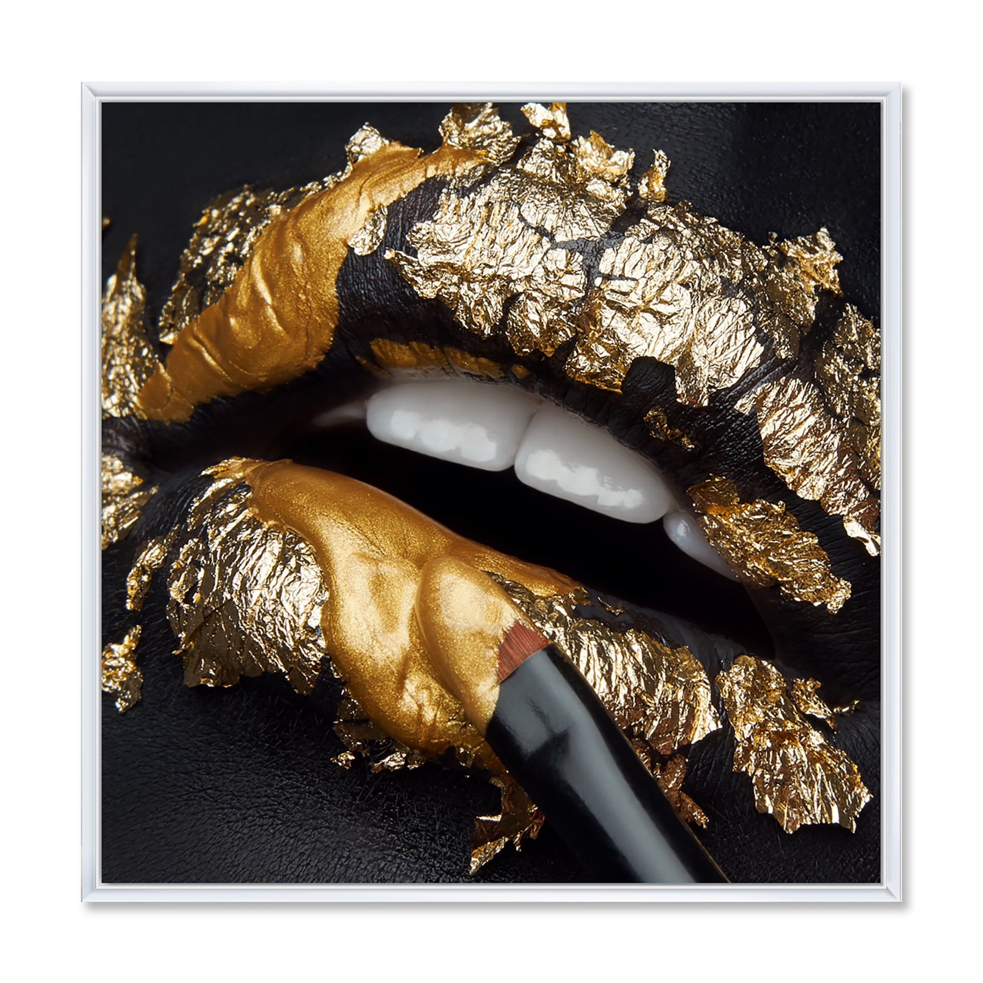 Female Lips With Black Leather and Gold Foil 30 in x 30 in Framed Photography Canvas Art Print, by Designart