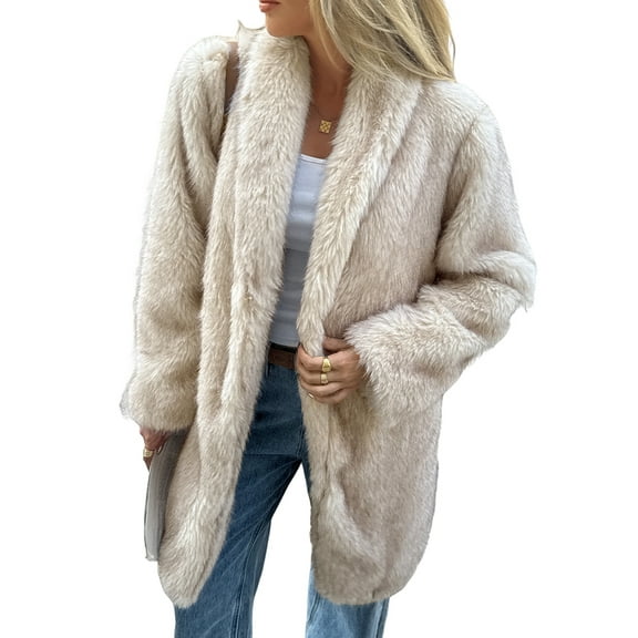 Female Long Faux Fur Coats Faux Fur Jacket Long Sleeve Lapel Furry Coats Fuzzy Winter Jacket Khaki L