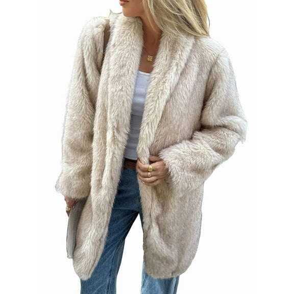 Female Long Faux Fur Coats Faux Fur Jacket Long Sleeve Lapel Furry Coats Fuzzy Winter Jacket Khaki S