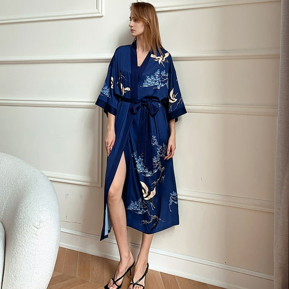 Female Long Robe Nightgown Print Crane Kimono Bathrobe Gown Sleepwear Spring Summer Casual Silk Satin Home Dress Lounge Wear (Blue Crane,One Size)