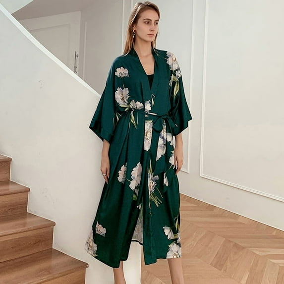 Female Long Robe Nightgown Print Crane Kimono Bathrobe Gown Sleepwear Spring Summer Casual Silk Satin Home Dress Lounge Wear (Green Flower,One Size)