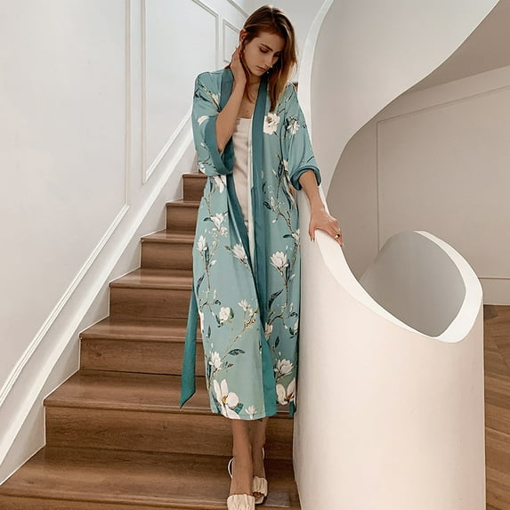 Female Long Robe Nightgown Print Crane Kimono Bathrobe Gown Sleepwear Spring Summer Casual Silk Satin Home Dress Lounge Wear (Light Green Flower,One Size)