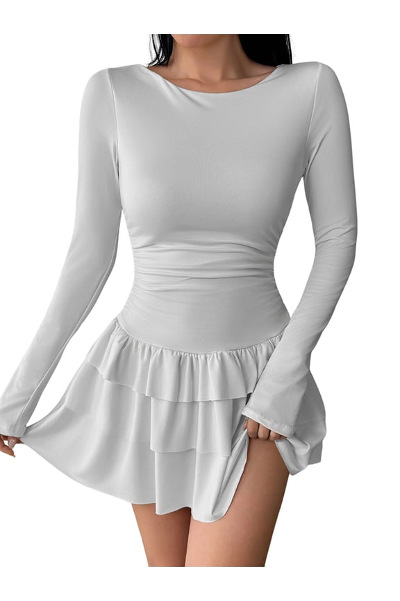 Female Long Sleeve Corset Mini Dress Ruffle Hem Short Party Club Dresses White S
