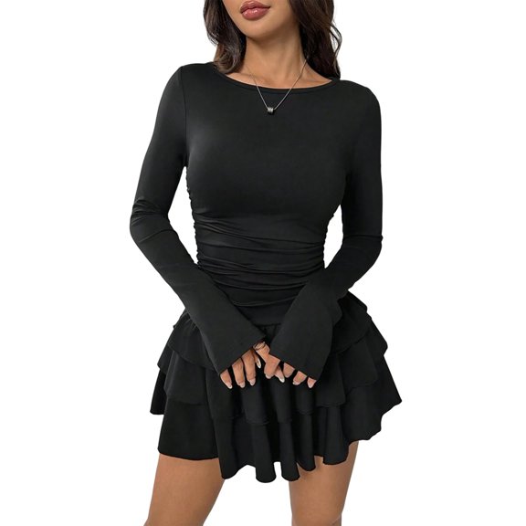 Female Long Sleeve Corset Mini Dress Ruffle Hem Short Party Club Dresses