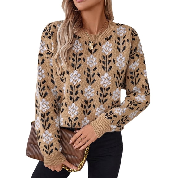 Female Long Sleeve Crewneck Sweater Fall Printed Cute Oversized Knitted Pullover Tops Trendy Clothes Camel L