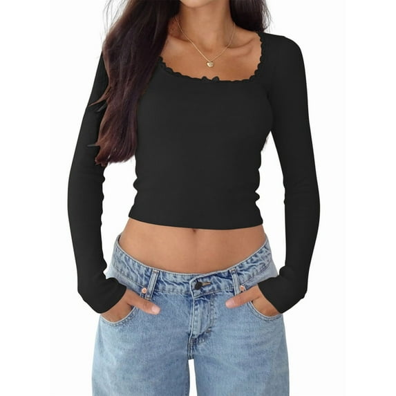 Female Long Sleeve Crop Top Square Neck Going Out Tops Cute Ribbed Knit Bow-Knot Lace Patchwork T Shirts Black M