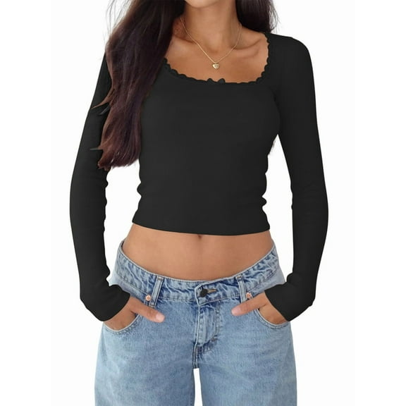 Female Long Sleeve Crop Top Square Neck Going Out Tops Cute Ribbed Knit Bow-Knot Lace Patchwork T Shirts Black M