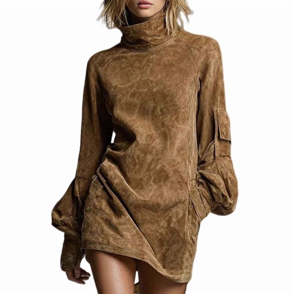 Female Long Sleeve Dress Mock Neck Slim Fit Bodycon Mini Dresses Caramel Color XS