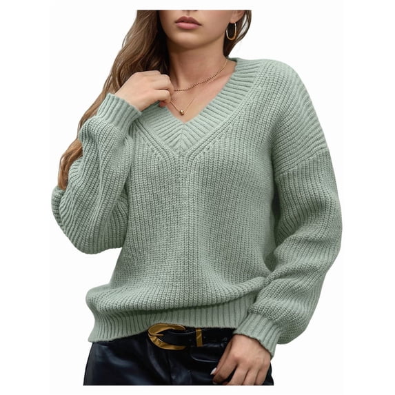Female Long Sleeve V Neck Pullover Sweater Oversized Chunky Knitted Loose Jumper Sweaters Green M