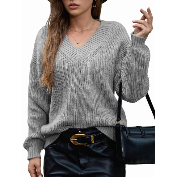 Female Long Sleeve V Neck Pullover Sweater Oversized Chunky Knitted Loose Jumper Sweaters Grey L