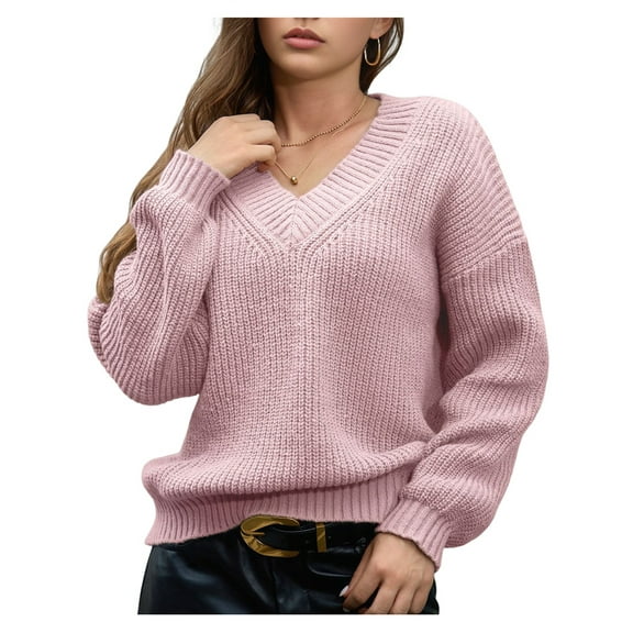 Female Long Sleeve V Neck Pullover Sweater Oversized Chunky Knitted Loose Jumper Sweaters Pink XL