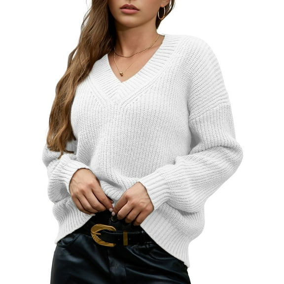 Female Long Sleeve V Neck Pullover Sweater Oversized Chunky Knitted Loose Jumper Sweaters White S