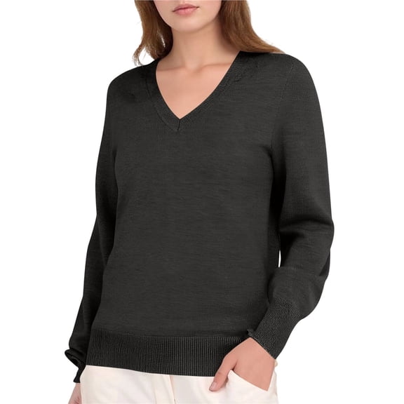 Female Long Sleeve V Neck Sweaters Fall Casual Classic Soft Loose Fit Basic Pullover Jumper Top Black Flower Gray L