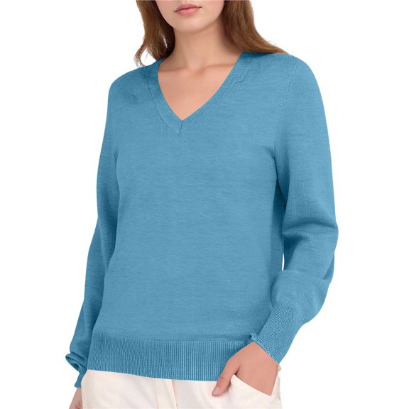 Female Long Sleeve V Neck Sweaters Fall Casual Classic Soft Loose Fit Basic Pullover Jumper Top Tranquil Blue S
