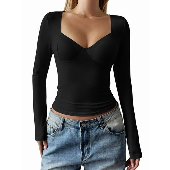 Female Long Sleeve V Neck T Shirts Double Lined Crop Top Seamed Cup Going Out Tops Black XL