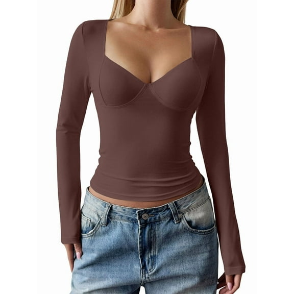 Female Long Sleeve V Neck T Shirts Double Lined Crop Top Seamed Cup Going Out Tops Brown M