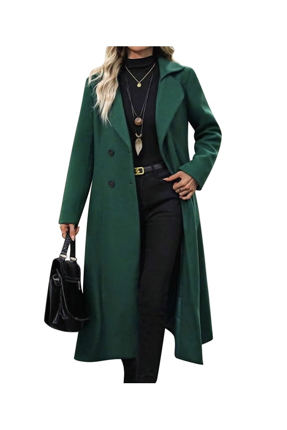 Female Long Wool Coats Fall Winter Double Breasted Trench Coat Peacoat Green XXL