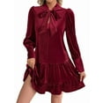 thumbnail image 1 of Female Loose Fit Bow-Tie Neck Long Sleeve Velvet Mini Babydoll Dresses Shift Dress Wine Red M, 1 of 10