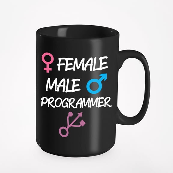 Female, Male & Programmer Symbols Humor, Black 15oz Ceramic Mug