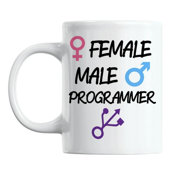 Female, Male & Programmer Symbols Humor White Ceramic Coffee & Tea Mug (11oz)