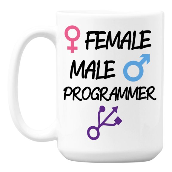 Female, Male & Programmer Symbols Humor White Ceramic Coffee & Tea Mug (15oz)
